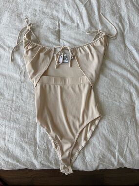 Princess Polly Ribbed Tie-Strap Bodysuit in Beige